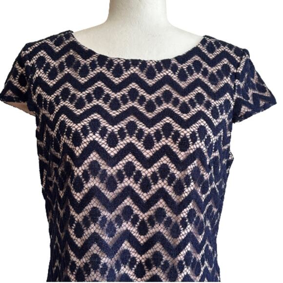 Jessica Howard Dress Navy Lace Overlay Nude Lining Short Sleeve Sheath Size 6 - Picture 3 of 12